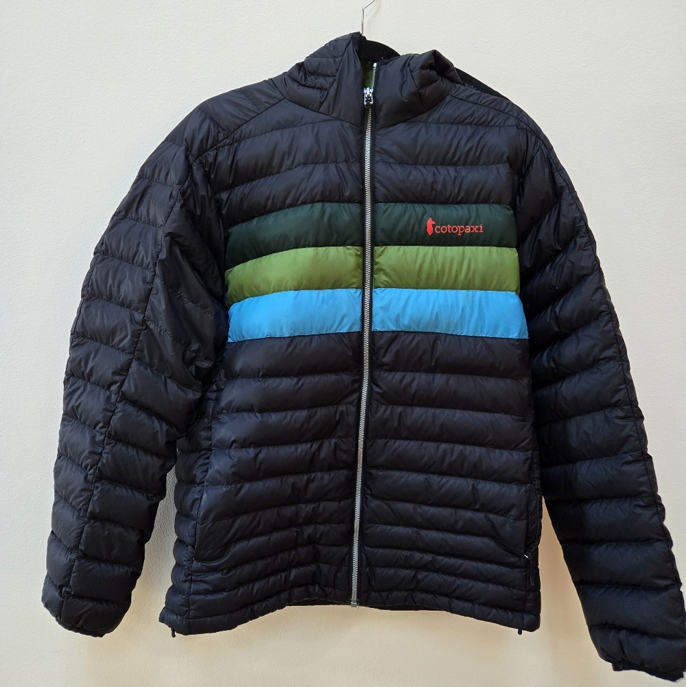 Cotopaxi Fuego Puffer Jacket with Black, Green, and Blue
